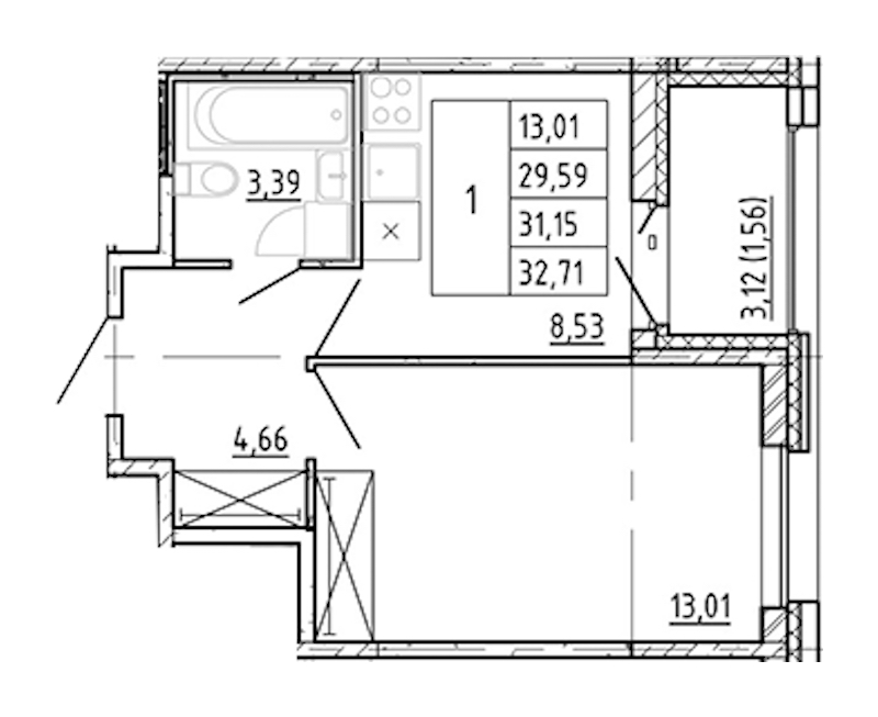 1-комнатная квартира 29.59 м², 12/12 эт., ЖК «Полис Новоселье»